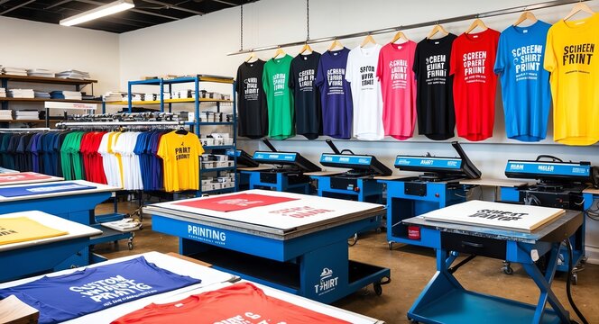 Custom t shirt print shop with screen printing stations and racks of printed shirts vibrant colors hanging in the background