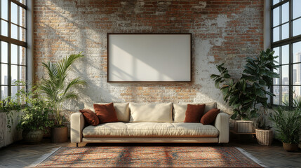 A large, empty frame hangs above a beige sofa in a modern living room.