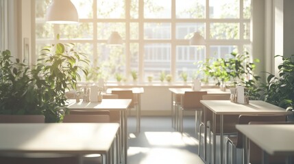 Obraz premium Office canteen at a business center, decorated in light tones, with large clear windows bringing in sunlight.