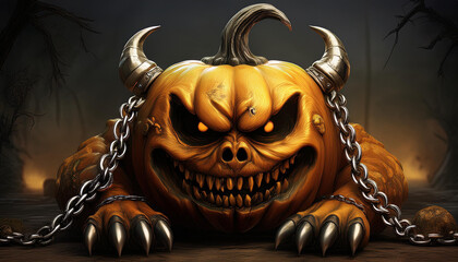 evil halloween pumpkin with horns and steel chains