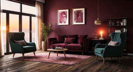 Deep burgundy accent theme for a cozy living room with a high back sofa rustic wood flooring and soft glowing light from sunset