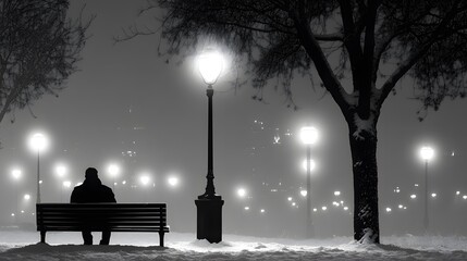 A solitary figure sits on a bench under streetlights in a snowy, night scene, evoking feelings of tranquility and contemplation.