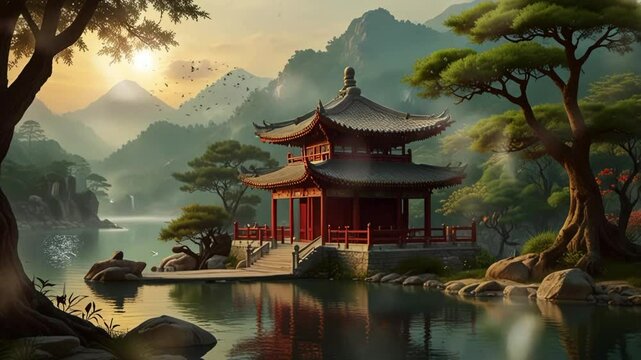 feng shui temple. seamless looping 4k video background animation
