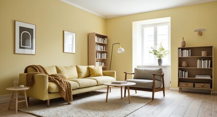 Fototapeta premium Light yellow Scandinavian style living room with a cozy fabric sofa minimalist bookshelf and soft daylight illuminating the space
