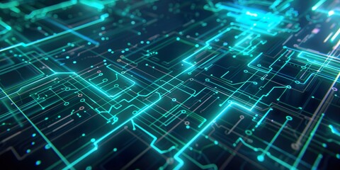 Obraz premium Digital circuit board with glowing blue lines and complex network patterns in futuristic technology
