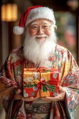 Fototapeta premium Smiling man in a Santa hat holding a wrapped gift.