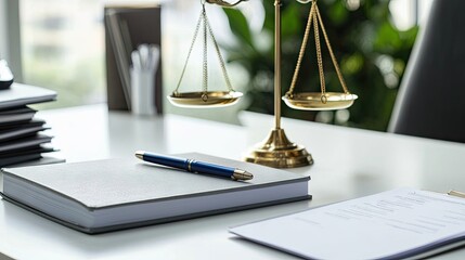 a modern white lawyer's desk with a gray notebook, a beautiful blue pen and documents under them. a neat aesthetic white composition. Side view. Ehite background