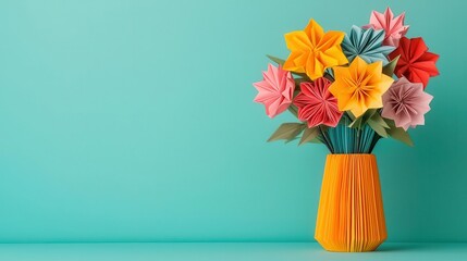 Intricate origami flower bouquet made from pastel paper, arranged in a decorative vase, origami flowers, handmade gift