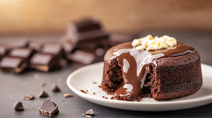 Molten chocolate lava cake oozing rich, creamy chocolate from its center, served on a white plate, with pieces of dark chocolate and toppings nearby. A perfect dessert for chocolate lovers.