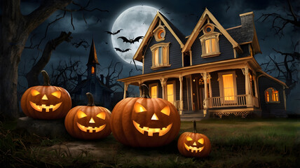 Fototapeta premium Spooky Halloween night with pumpkins and bats against a dark, moonlit sky