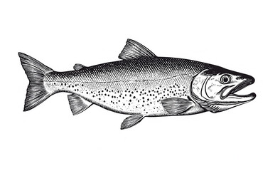 Fototapeta premium Fish sketch salmon trout. Vintage retro print, black white salmon trout fish sketch ink pencil style drawing, linear drawing, engrave old school. Sketch artwork salmon trout fish. Illustration