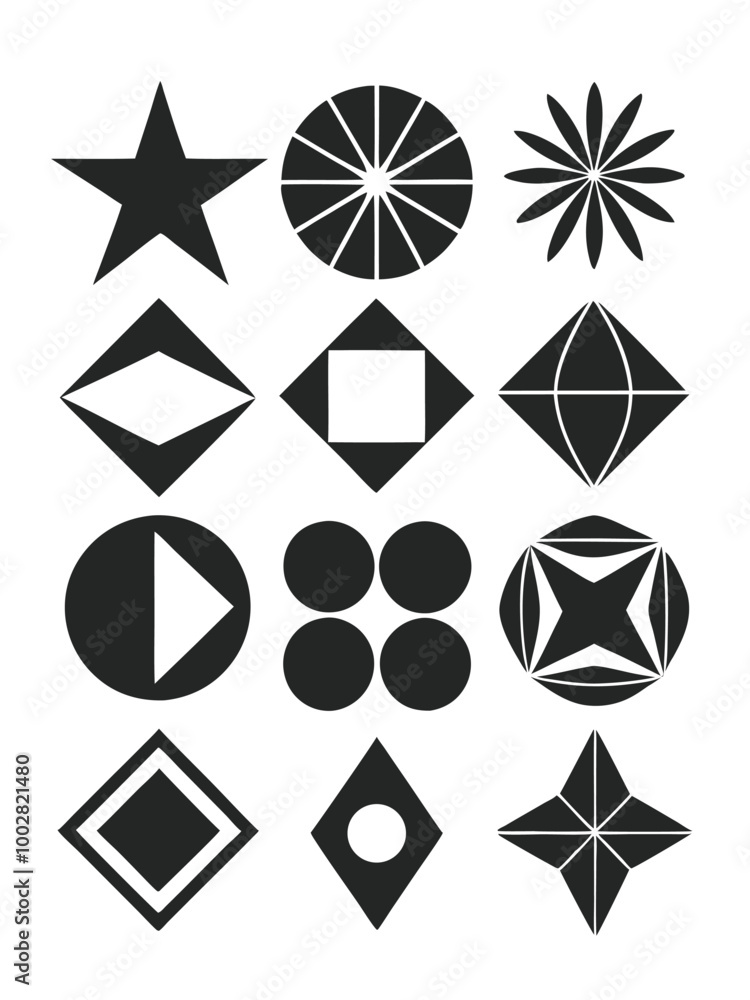 Poster abstract geometric shape icon set in silhouette vector style for modern web and print designs. minim