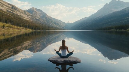 A person meditating on a rock by a serene lake surrounded by mountains.