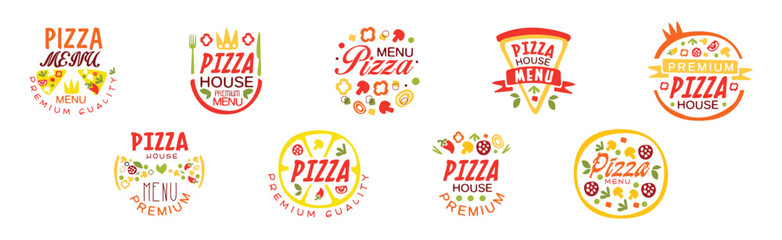 Pizza House Menu Logo Design for Pizzeria and Restaurant Vector Set