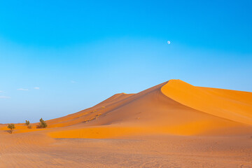 Sunset in desert tour in Merzouga, Morocco, Erg Chebbi dunes and path for camping in the Sahara to stay overnight in Berber desert camp