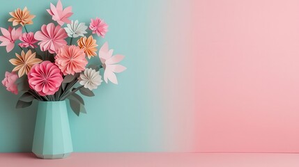 Fototapeta premium Intricate origami flower bouquet made from pastel paper, arranged in a decorative vase, origami flowers, handmade gift