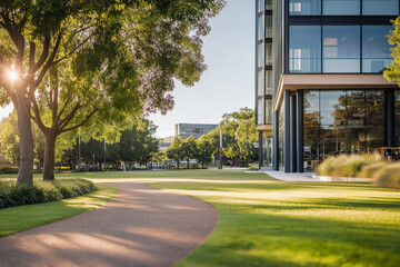 Modern office building in a green corporate park with a winding path and sunlight filtering through trees, symbolizing business, sustainability, and eco-friendly architecture in an urban setting