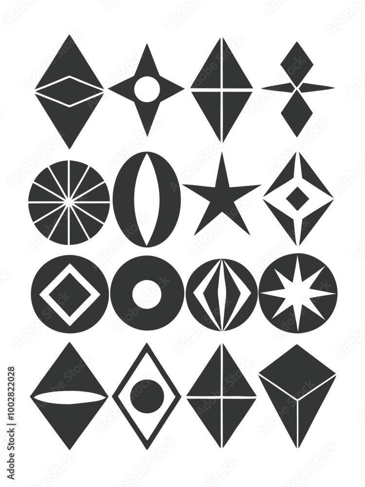 Poster abstract geometric shape icon set in silhouette vector style for modern web and print designs. minim