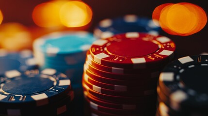 A serene close-up of poker chips under soft casino lighting, highlighting the tactile and visual appeal of gambling artifacts.