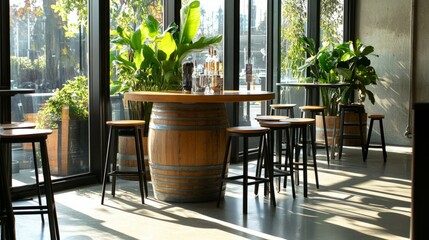 Obraz premium Side view of stools at a bar, featuring a barrel as a table in the background, large clear windows letting in sunlight