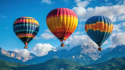 Naklejka premium Hot Air Balloons Soaring Above Mountainous Landscape. Generate Ai Image