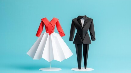 Origami wedding dress and suit, displayed on a stand, origami wedding set, special occasion gift