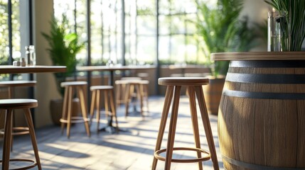 Obraz premium Side view of stools in a restaurant, with a barrel table in the background, bright natural light from clear windows.