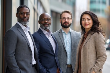 A group of four diverse business professionals confidently standing lined up outside an office building, portraying teamwork and leadership, Generative AI