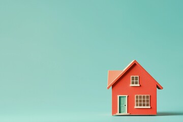Minimalist image of a small red house on a light blue background, ideal for rental property advertisements with ample copy space.
