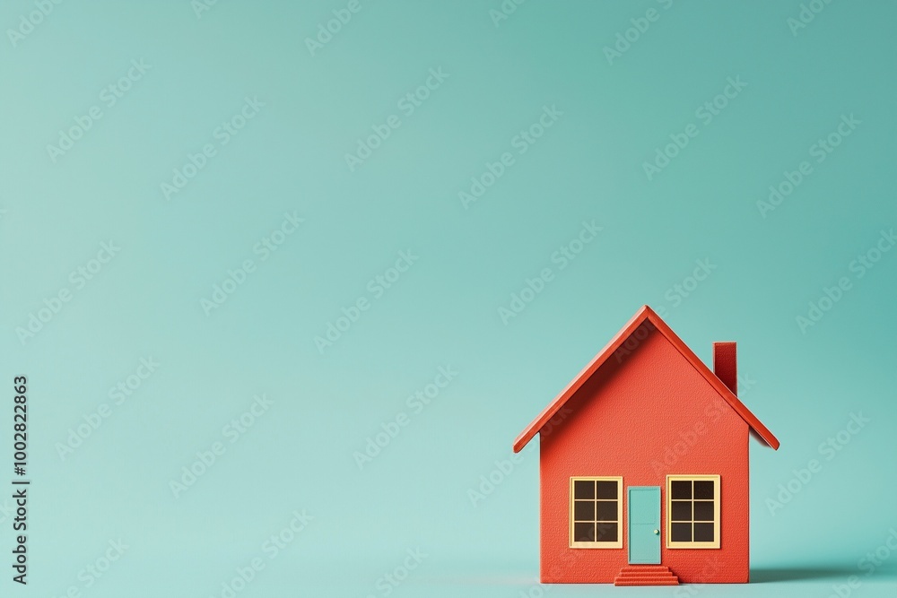 Poster a small red house model on a teal background with ample copy space, symbolizing rental property conc