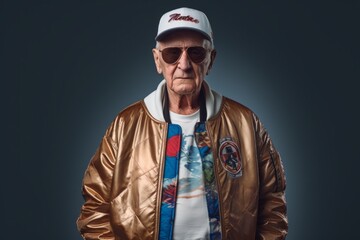 Fototapeta premium Portrait of a tender elderly man in his 90s wearing a trendy bomber jacket isolated on plain white digital canvas