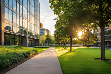Sunlit office building with glass windows, green lawn, and tree-lined walkway, highlighting sustainable architecture, urban landscaping, and a peaceful corporate environment during sunset.