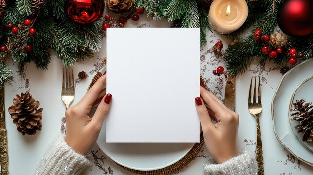 a realistic blank white invitation mock up, size of the invitation is 5 by 7 inches in portrait orientation, held a beautiful woman with beautiful nails during 