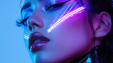 A high-tech, futuristic makeup look inspired by cyberpunk or sci-fi aesthetics. Metallic colors, sharp geometric lines, and tech-inspired patterns can define this style. 