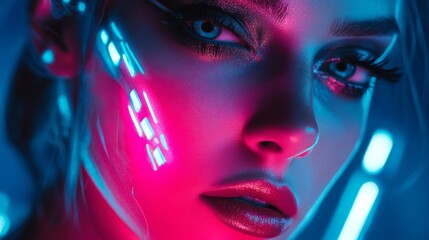 A high-tech, futuristic makeup look inspired by cyberpunk or sci-fi aesthetics. Metallic colors, sharp geometric lines, and tech-inspired patterns can define this style.