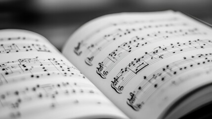Naklejka premium Close-up view of an open music book displaying black and white notes on a blurred background