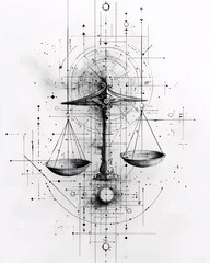 Abstract geometric Libra zodiac tattoo design, with balanced scales made of symmetrical lines and shapes
