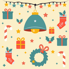 New Years Eve set with gift boxes, garland and Christmas wreaths. New Year attributes on yellow background
