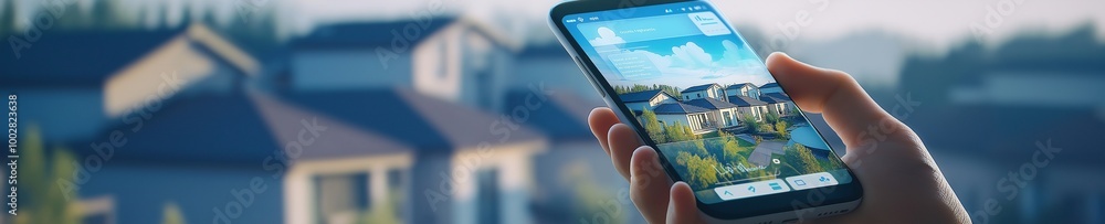 Poster a person using a property management app on a smartphone with houses in the background, symbolizing 