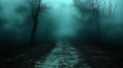 Fototapeta premium A hauntingly beautiful misty pathway through a dark, eerie forest, evoking feelings of solitude and mystery. Perfect for thematic concepts in nature and adventure