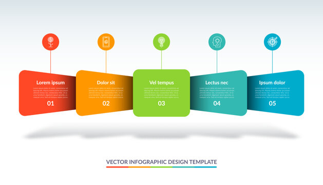 Infographic design template with 5 options, steps. Can be used for timeline visualization, graph, chart, report, web design. Vector illustration