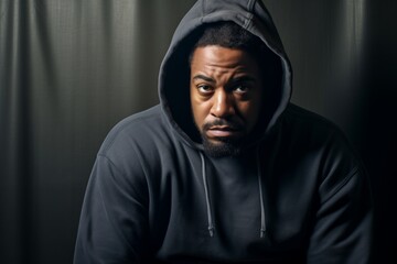 Fototapeta premium Portrait of a merry afro-american man in his 30s sporting a comfortable hoodie on bare monochromatic room