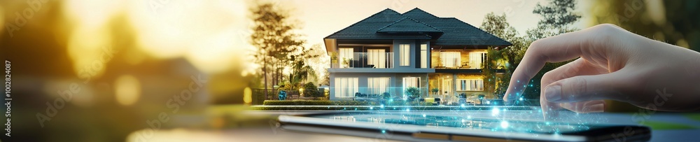 Poster a hand interacts with a digital interface in front of a modern house, symbolizing smart property man