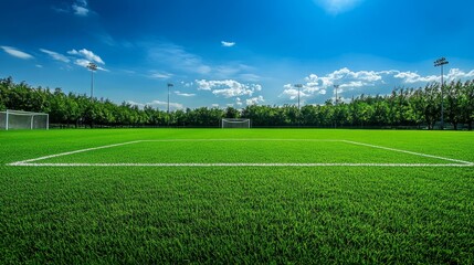 A vibrant soccer field with lush green grass, goalposts, and a serene background of a bright blue sky