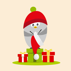 Funny Holiday Christmas bird sitting on gift in headdress knits Santa Claus hat. Vector illustration isolated on light background