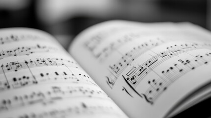 Close-up view of an open music book featuring black and white notes with a blurred background