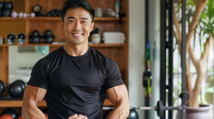 Fototapeta premium Smiling muscular man in gym, fitness, healthy lifestyle