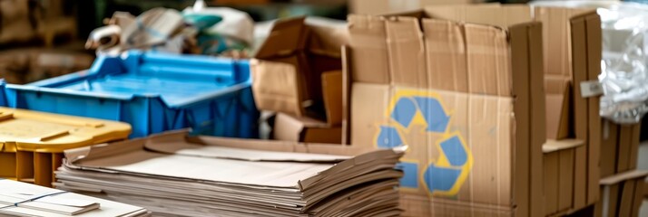 Fototapeta premium Stack of cardboard boxes with a blue recycling symbol, ready for recycling.