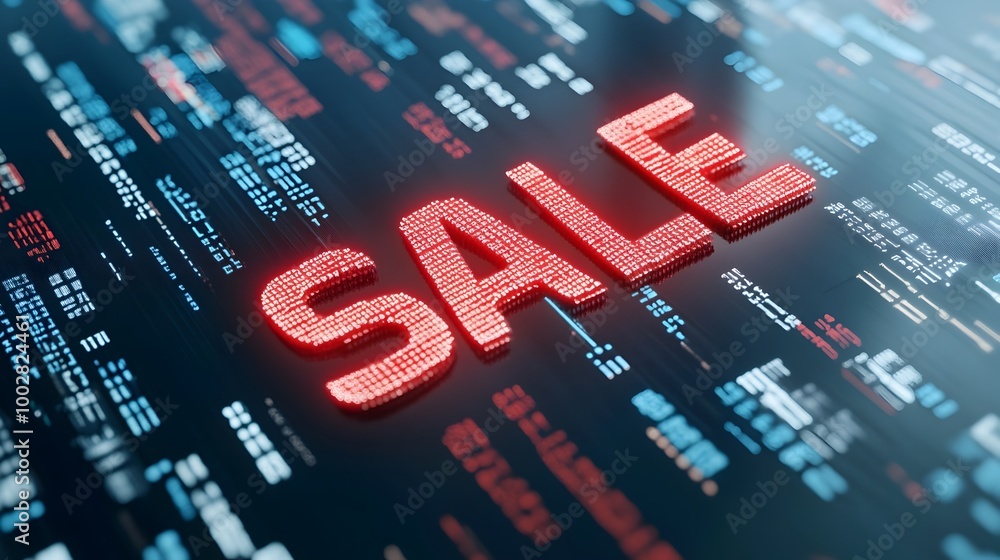 Poster 3D Rendering of the Word  SALE  Made from Binary Code Symbolizing the Digital Aspect of Cyber Monday Sales Promotions and Online Shopping Discounts