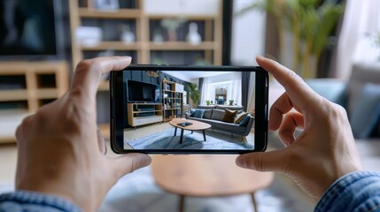 Augmented reality shopping experience, with a person using a smartphone to visualize furniture in their living room with copy space